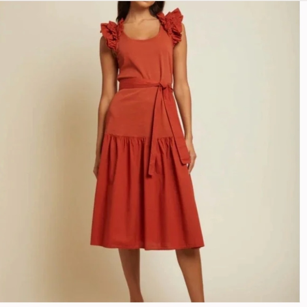 Nation LTD Everleigh Frilly Midi Dress in Cayenne Size Small NWT